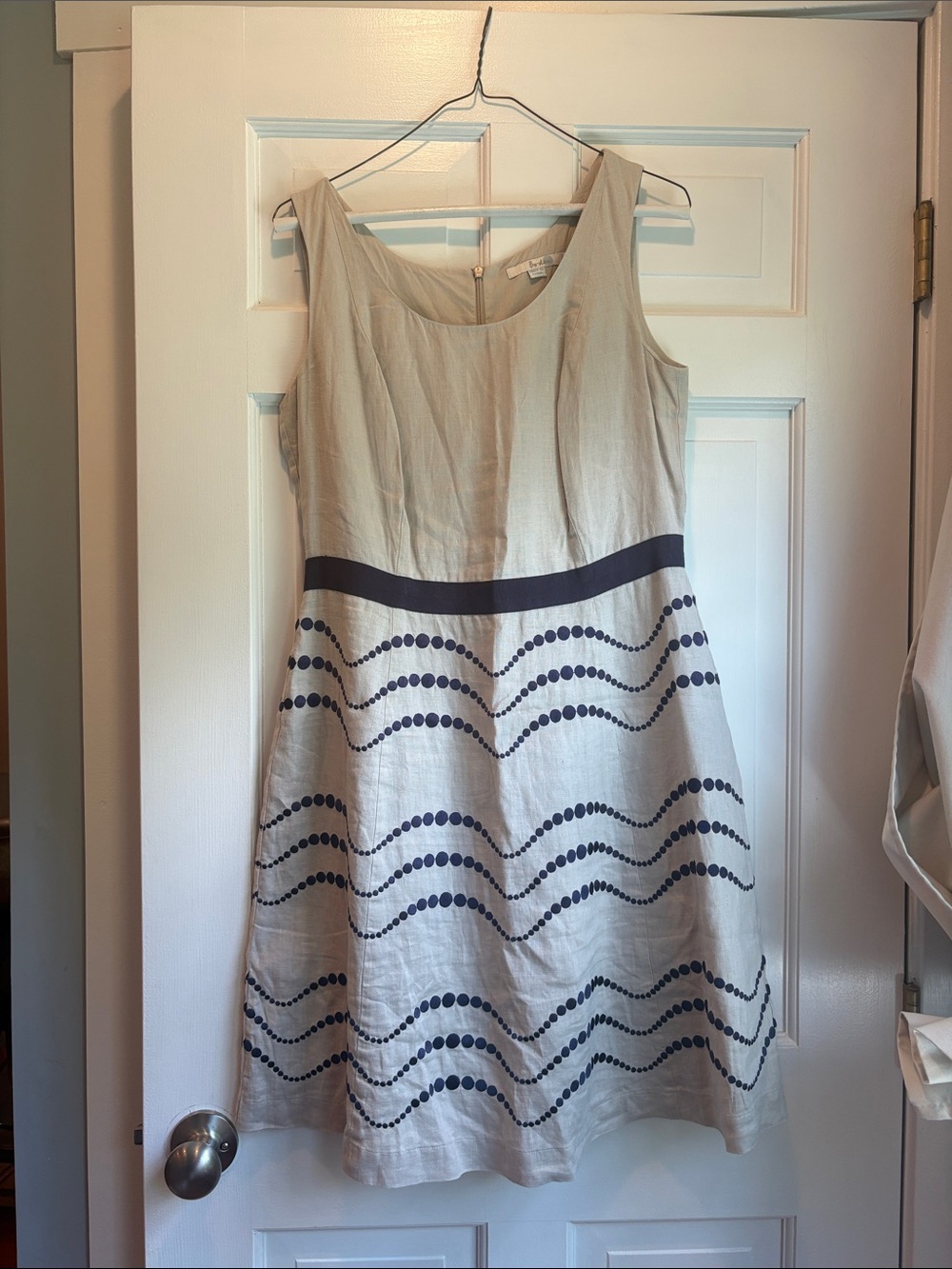 Boden Cream Midi Dress with Navy Wave Dot Trim